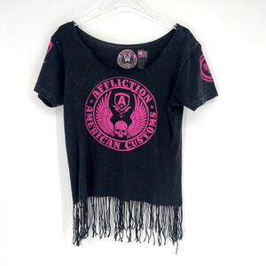 Vtg Affliction Top Womens L Fringe Pink Skull Angel Grunge Emo‎ Y2K Biker Egirl